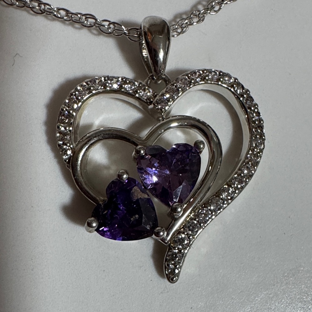 Sterling Silver Heart Necklace with Simulated Amethyst - Picture 4 of 4